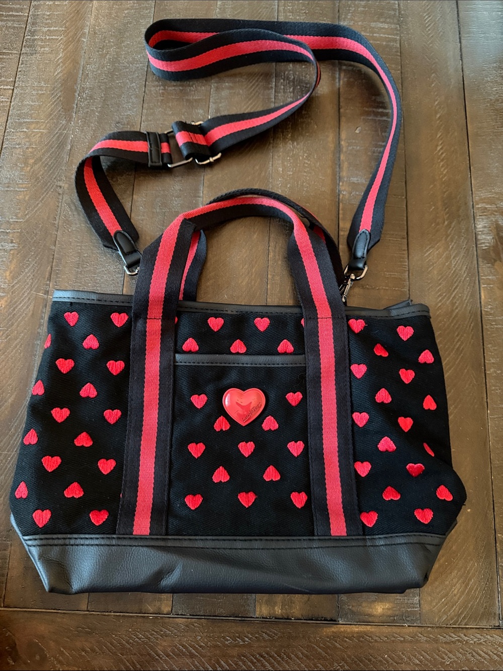 Luv Betsey by Betsey Johnson Black Tote with Red Heart Accents and Striped Strap